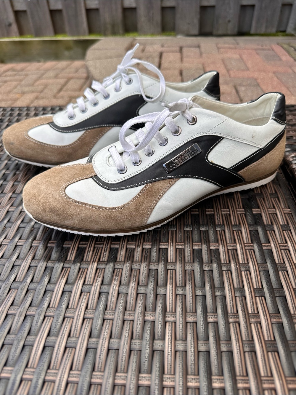 Men’s Versace Collection Sneakers in Tan Suede featuring Metal Logo Plaque